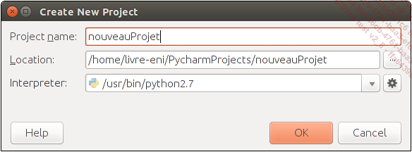 Fenêtre nouveau projet de PyCharm